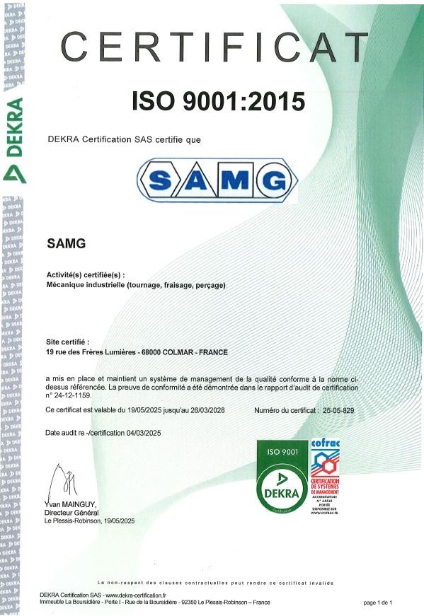 Certificat ISO 9001:2015 de la SAMG, délivré par DEKRA Certification